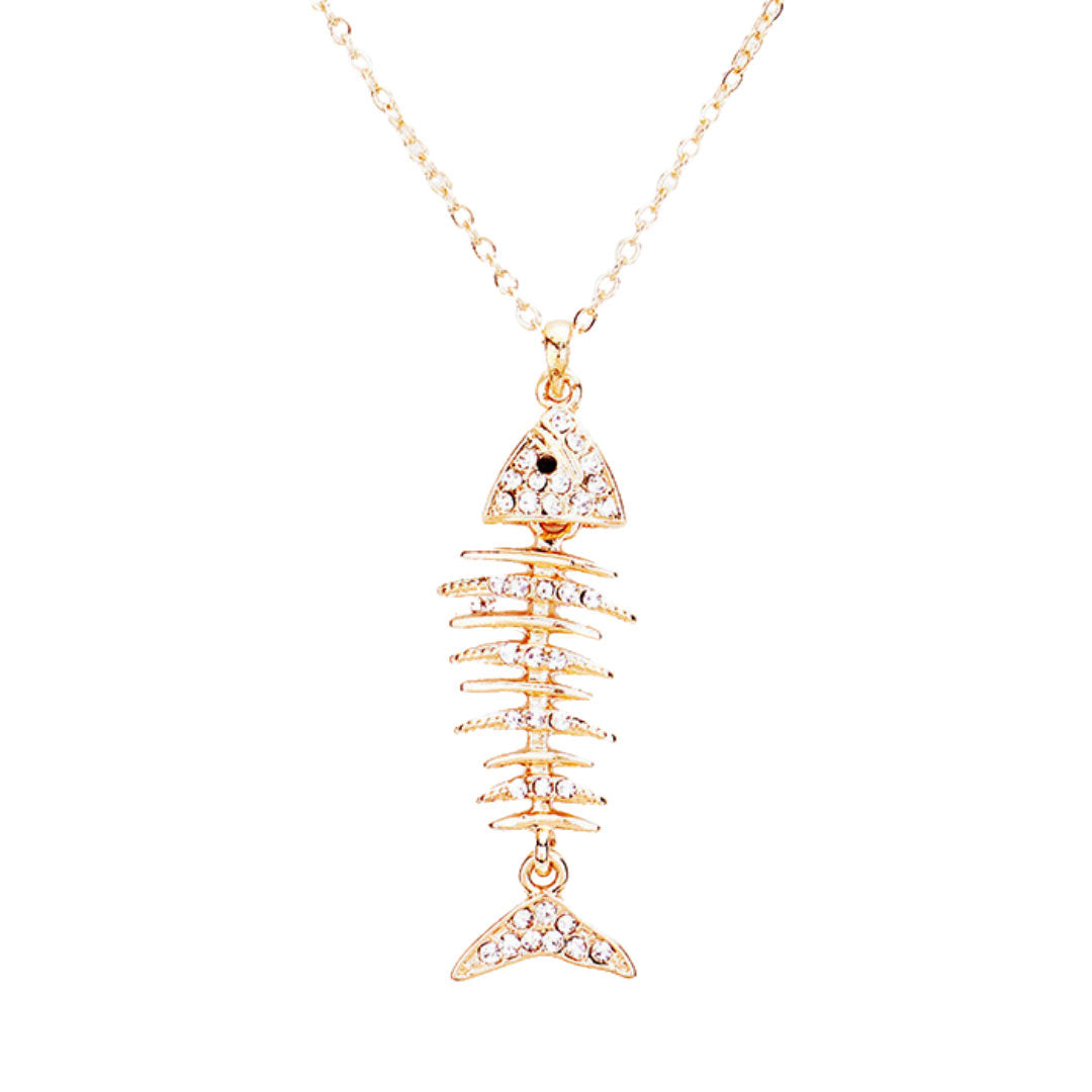 Clear Gold Crystal Pave Fishbone Pendant Necklace, goes perfectly with a t-shirt, summer dress or work clothes, beach party, and many more. These beautifully designed Necklaces with beautiful colors are suitable as gifts for wives, girlfriends, lovers, friends, and mothers. A great gift item for this spring and summer season.