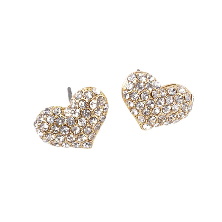 Clear-Gold-Crystal Pave Heart Stud Earrings are expertly crafted with sparkling crystals, adding a touch of elegance to any outfit. Made with precision and attention to detail, they are perfect for special occasions or everyday wear. Upgrade your style with these stunning earrings.