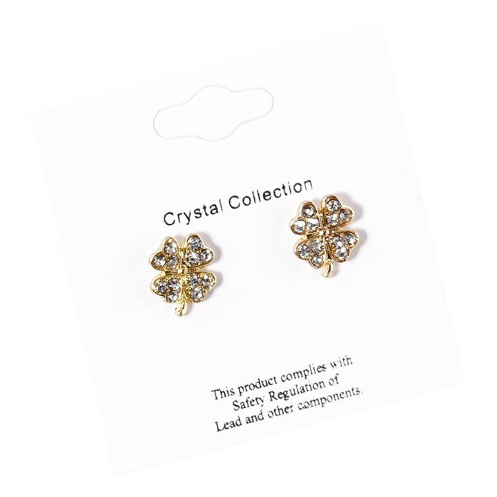 Clear-Gold-Crystal Paved Clover Stud Earrings are a beautiful addition to any jewelry collection. The intricate clover design, encrusted with sparkling crystals, exudes sophistication and charm. Perfect for any occasion, these earrings are sure to make a statement and add a touch of glamour to any outfit this St. Patrick's Day. 