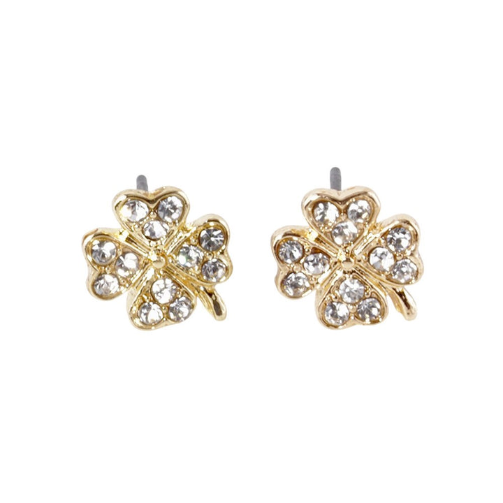 Clear-Gold-Crystal Paved Clover Stud Earrings are a beautiful addition to any jewelry collection. The intricate clover design, encrusted with sparkling crystals, exudes sophistication and charm. Perfect for any occasion, these earrings are sure to make a statement and add a touch of glamour to any outfit this St. Patrick's Day. 