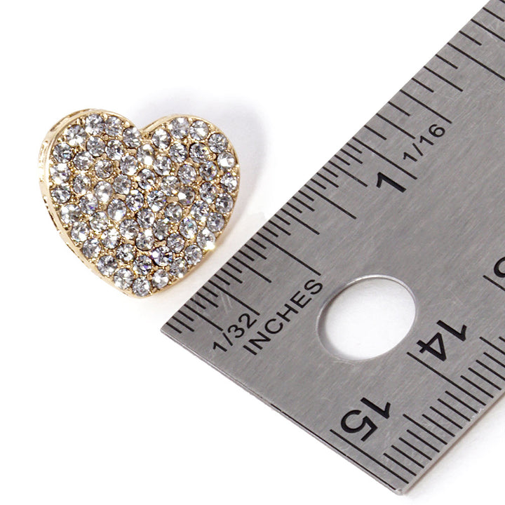 Clear-Gold-Crystal Stone Paved Heart Stud Earrings feature a sparkling design that adds a touch of elegance to any outfit. Crafted with expert precision and quality materials, these earrings are perfect for any occasion. The heart-shaped studs are encrusted with shimmering crystals, making them a stunning addition to any jewelry collection. 