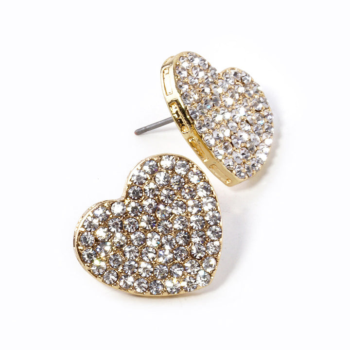 Clear-Gold-Crystal Stone Paved Heart Stud Earrings feature a sparkling design that adds a touch of elegance to any outfit. Crafted with expert precision and quality materials, these earrings are perfect for any occasion. The heart-shaped studs are encrusted with shimmering crystals, making them a stunning addition to any jewelry collection. 