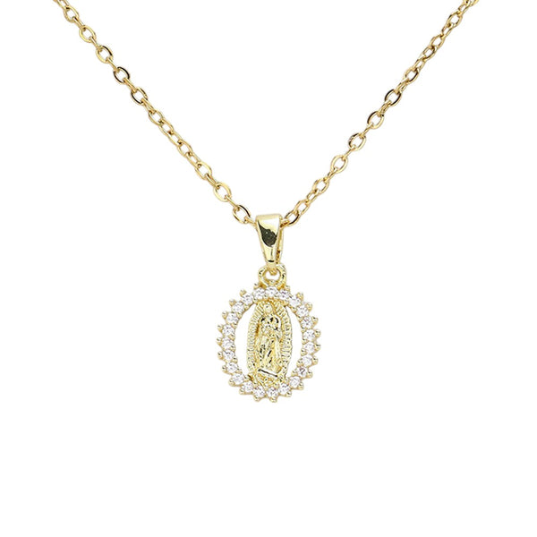 Clear Gold Stainless steel necklace features a beautifully crafted pendant adorned with CZ stones and a striking image of the Guadalupe. Designed for both durability and style, this necklace is a stunning accessory that carries both religious significance and timeless elegance.