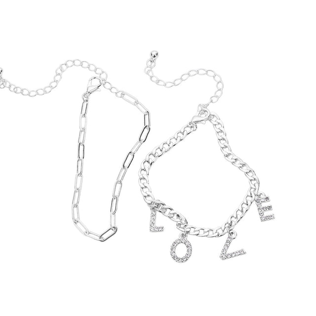 Clear Rhodium 2PCS LOVE Rhinestone Embellished Metal Chain Bracelets add a touch of elegance to any outfit. The rhinestone embellishments add sparkle and shine, while the metal chain offers durability. Perfect for day or evening wear, these bracelets are a must-have accessory for any fashion-forward individual.