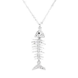 Clear rhodium Crystal Pave Fishbone Pendant Necklace, goes perfectly with a t-shirt, summer dress or work clothes, beach party, and many more. These beautifully designed Necklaces with beautiful colors are suitable as gifts for wives, girlfriends, lovers, friends, and mothers. A great gift item for this spring and summer season.