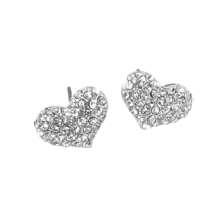 Clear-Rhodium-Crystal Pave Heart Stud Earrings are expertly crafted with sparkling crystals, adding a touch of elegance to any outfit. Made with precision and attention to detail, they are perfect for special occasions or everyday wear. Upgrade your style with these stunning earrings.