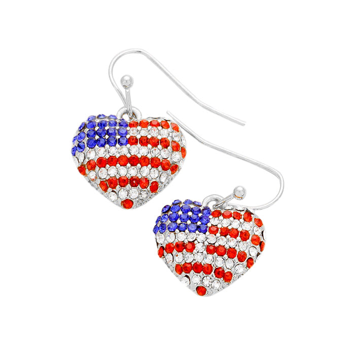 Clear Rhodium Pave American Flag Heart Earrings, enhance your attire with these vibrant artisanal earrings to show off your fun trendsetting style. Show your love for your country with these sweet American Flag heart earrings. Red, white, and blue are used for a trendy fireworks flare.