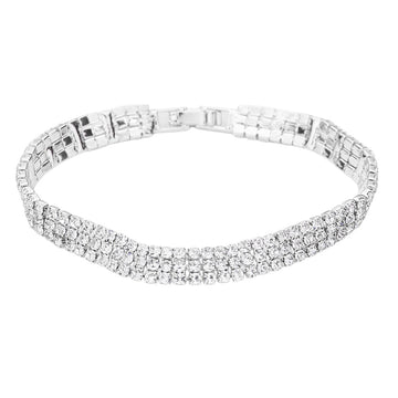 Clear Silver 3Rows Rhinestone Evening Bracelet adds the perfect touch of sparkle to any formal occasion. With its intricate design and high-quality rhinestones, it exudes luxury and sophistication. Expertly crafted for a comfortable fit, this bracelet is the perfect accessory to elevate your evening ensemble.