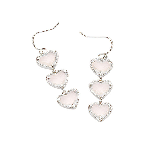 Pendientes colgantes con eslabones de piedra de triple corazón - Plata clara