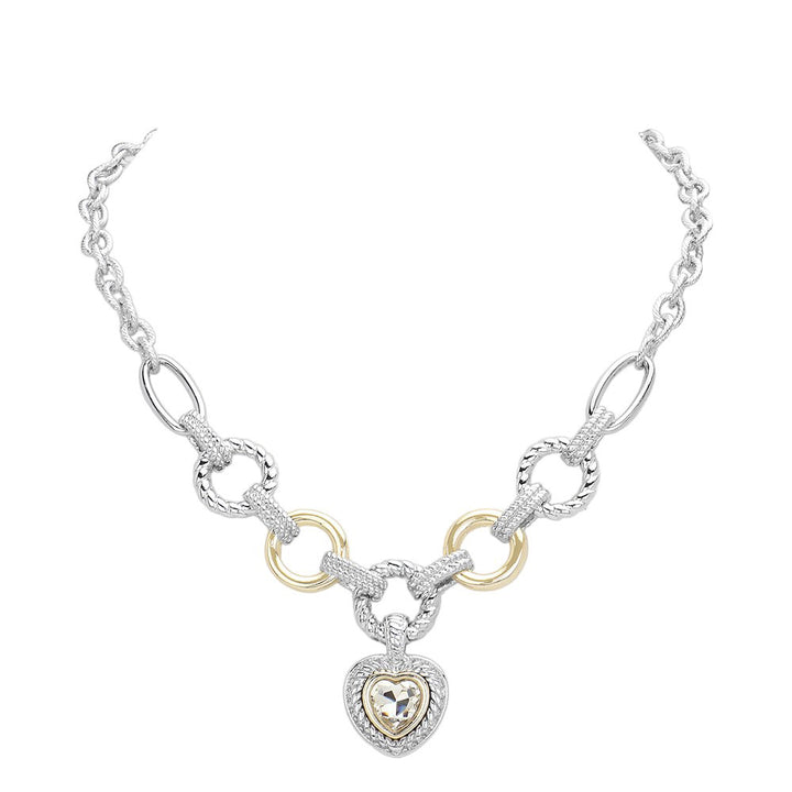 Clear Two Tone Heart Stone Pointed Charm Two Tone Textured Metal Link Toggle Necklace, This elegant necklace features a unique two tone design and textured metal links. The toggle closure adds a touch of modernity to the classic charm, making it a versatile accessory for any occasion. A perfect jewelry gift accessory for loved one.