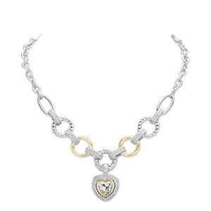 Clear Two Tone Heart Stone Pointed Charm Two Tone Textured Metal Link Toggle Necklace, This elegant necklace features a unique two tone design and textured metal links. The toggle closure adds a touch of modernity to the classic charm, making it a versatile accessory for any occasion. A perfect jewelry gift accessory for loved one.