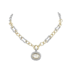 Clear Oval Stone Cluster Pendant Two Tone Chunky Chain Necklace is the perfect accessory for any outfit. With its unique design featuring an oval stone cluster pendant and two tone chunky chain, it adds a touch of elegance and sophistication. Made with high-quality materials, this necklace is durable and long-lasting.