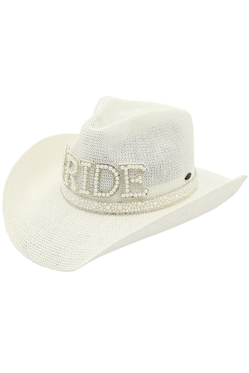 C.C Women's Bride Pearl & Rhinestone Trim Cowboy Hat - Clear White