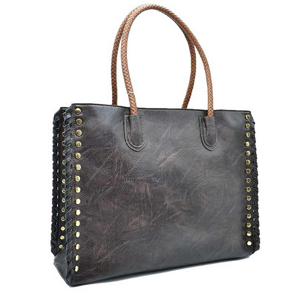 Coffee Studded Faux Leather Whipstitch Shoulder Bag Tote Bag, is crafted from high-quality faux leather, featuring a stylish whipstitch trim and studded accents. Its adjustable strap makes it perfect for everyday use, this spacious handbag features a roomy interior to hold all your essentials. This bag is sure to turn heads.