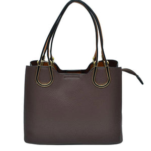 Coffee Textured Faux Leather Horseshoe Handle Women's Tote Bag, featuring an eye-catching textured faux leather exterior and a horseshoe-shaped handle. The bag has a spacious interior, perfect for days when you need to carry a lot of items. Its structure and design ensure that your items will stay secure even on the go.