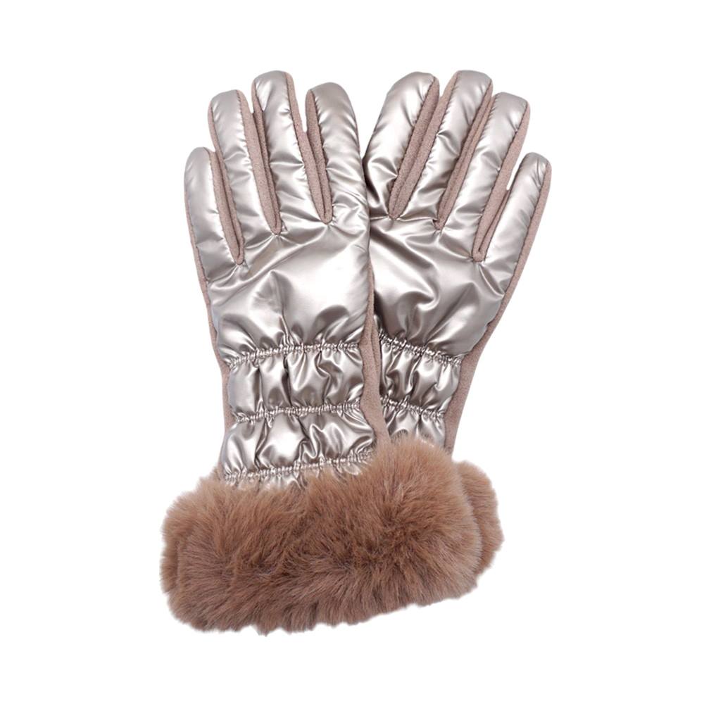 Black Faux Fur Cuff Puffer Smart Touch Gloves, Experience warmth and functionality with our stylish smart touch gloves. The soft faux fur cuffs add a touch of luxury, while the puffer padding keeps your hands toasty. Stay stylish and connected this winter. Wrap your loved ones in warmth this winter with these stylish gloves.