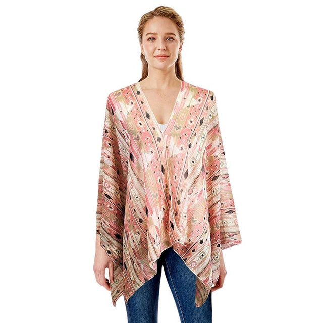 Coral Boho Patterned Sheer Cover Up Kimono Poncho, your neck deserves something better than cheap fabrics. This lightweight kimono poncho features a boho-patterned design. It's a design that gives any outfit a unique look. Perfect gift for a wife, birthday, holiday, or fun night out.