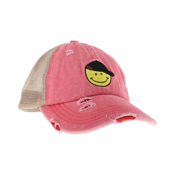 Coral C.C Smiley Face Embroidered Criss Cross High Pony C.C Ball Cap combines practical design with playful style. Featuring an embroidered smiley face and a criss-cross opening at the back, this cap is tailored to comfortably fit high ponytails. Made from durable, breathable fabric, it ensures a secure fit and all-day comfort, making it an excellent choice for active lifestyles or casual wear. This cap offers a smart solution for those who want to keep their hair up without sacrificing style. 