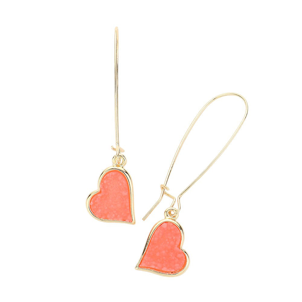 Coral Druzy Heart Dangle Earrings, Enhance your look with these stunning earrings. The unique druzy hearts add a touch of elegance and sparkle to any outfit. Crafted with high-quality materials, these earrings are perfect for any occasion. Elevate your style and make a statement with these must-have earrings.