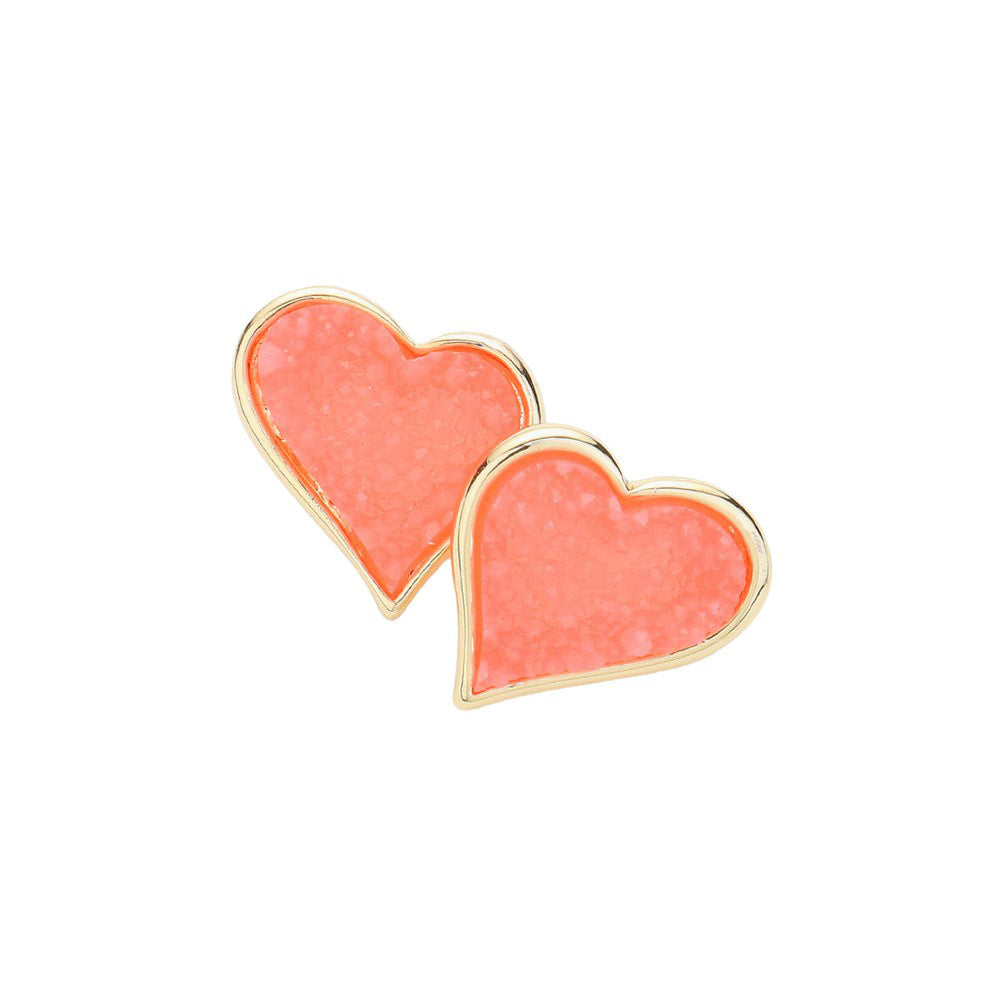 Coral Druzy Heart Stud Earrings, Enhance your look with these stunning earrings. The unique druzy hearts add a touch of elegance and sparkle to any outfit. Crafted with high-quality materials, these earrings are perfect for any occasion. Elevate your style and make a statement with these must-have earrings.