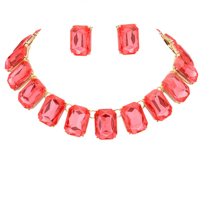 Coral Emerald Cut Stone Link Evening Necklace Earring Set, This gorgeous jewelry set will show your class on any special occasion. The elegance of these stones goes unmatched, great for wearing at a party! stunning jewelry set will sparkle all night long making you shine like a diamond on special occasions.