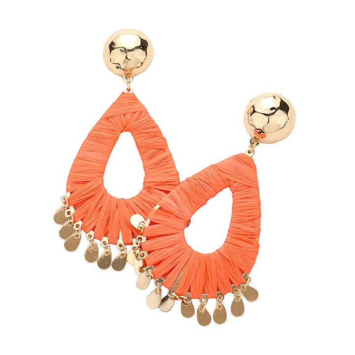 Coral-Raffia Wrapped Teardrop Metal Teardrop Fringe Dangle Earrings, Add a fun and quirky touch to your style with our raffia wrapped Earrings! The unique raffia wrapping and metal teardrop design create a playful and eye-catching look, perfect for any occasion. Get ready to turn heads and show off your unique sense of style