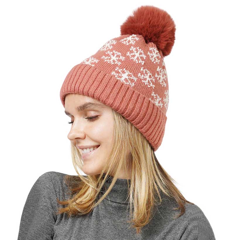 Coral Snowflake Patterned Faux Fur Lining Knit Pom Pom Beanie Hat, wear this beautiful hat with any ensemble for the perfect finish before running out the door into the cool air. It's an excellent gift for your friends, family, or loved ones. This is the perfect gift for Christmas, especially for your friends and family.