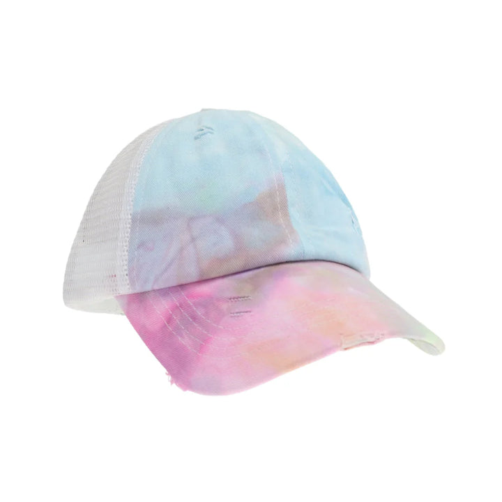 Cotton-Candy C.C Kids Tie Dye Criss-Cross Ponycap combines playful tie-dye patterns with a practical criss-cross design, ensuring a secure and comfortable fit for active children. Crafted for durability and style, this ponytail keeps hair neatly in place while adding a vibrant touch to any outfit. Ideal for everyday wear, it offers both function and fashion for young, energetic lifestyles.