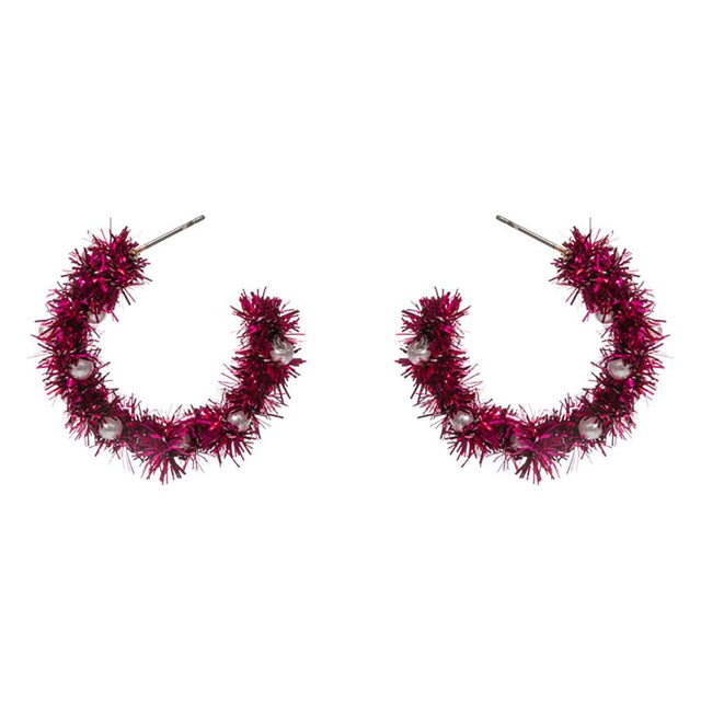 Celebrate the season with these festive tinsel hoop earrings, decorated with miniature ornament accents for a cheerful holiday touch. Lightweight and eye-catching, they’re perfect for adding playful flair to party outfits, winter gatherings, or seasonal celebrations.