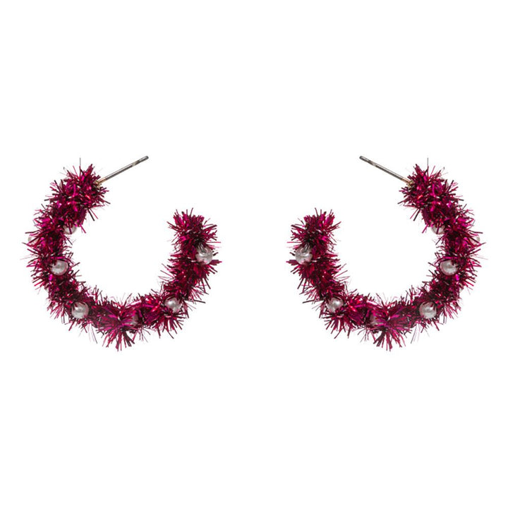 Celebrate the season with these festive tinsel hoop earrings, decorated with miniature ornament accents for a cheerful holiday touch. Lightweight and eye-catching, they’re perfect for adding playful flair to party outfits, winter gatherings, or seasonal celebrations.