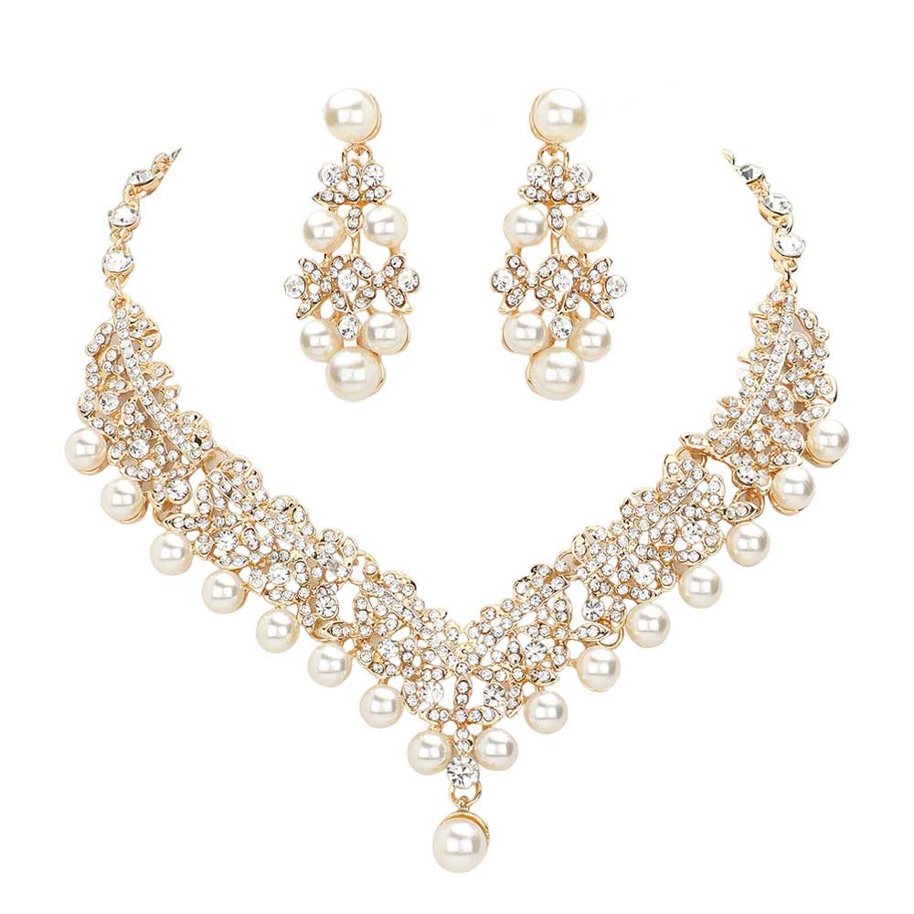 Cream Pearl Accented Evening Jewelry Set, get ready with this pearl set and put on a pop of shine to complete your ensemble. The elegance of this pearl-accented necklace earring set goes unmatched, great for wearing at a party! Perfect Birthday Gift, Mother's Day Gift, Anniversary Gift, Valentine's Day Gift, Wedding Party.
