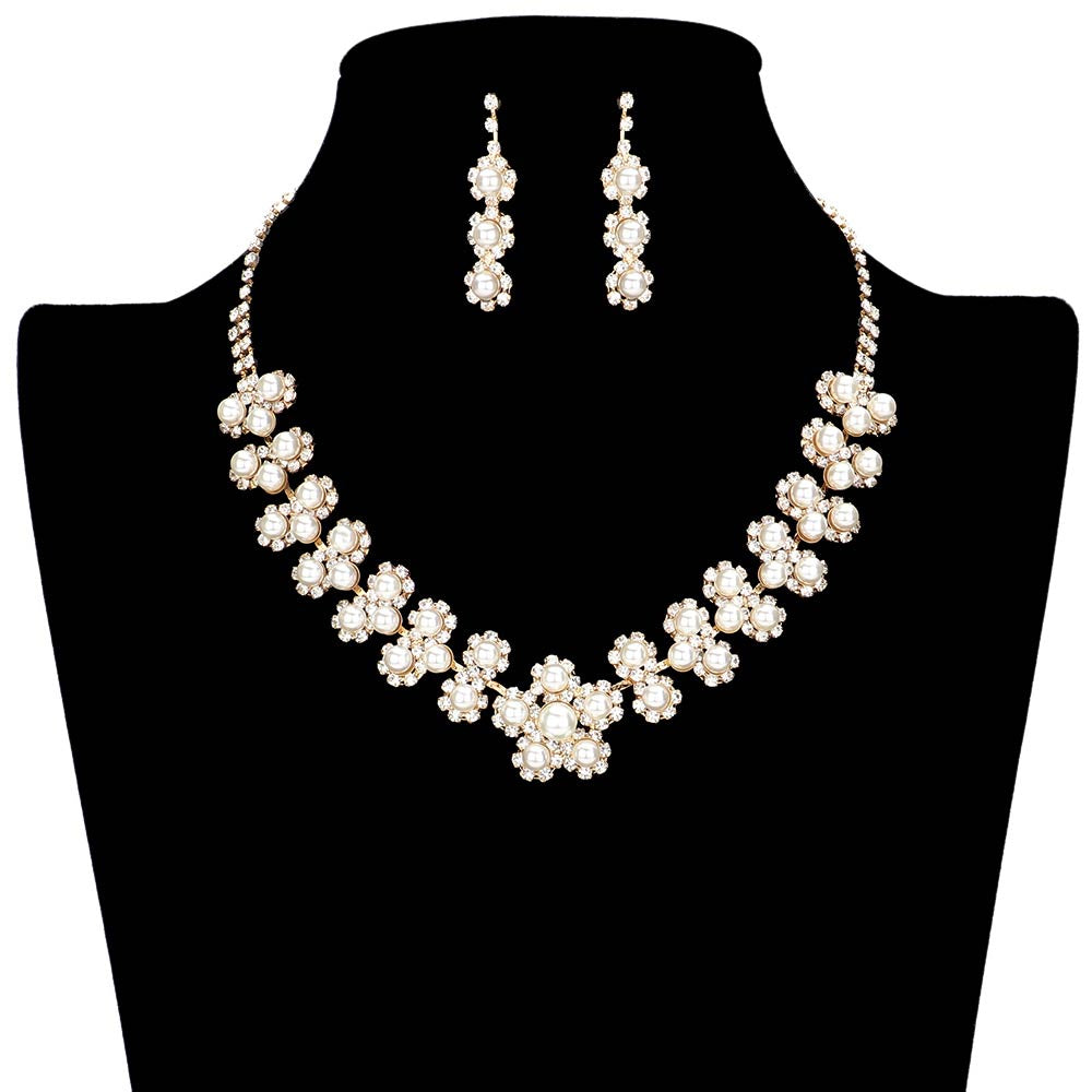 Cream Pearl Embellished Flower Accented Rhinestone Necklace, The elegant pearl pendant is complemented by silver-plated flowers and dazzling rhinestones. A truly eye-catching piece that will add a touch of sparkle to your special day. Perfect gift for Birthdays, Anniversaries, Mother's Day, Graduation, Prom Jewelry, etc.