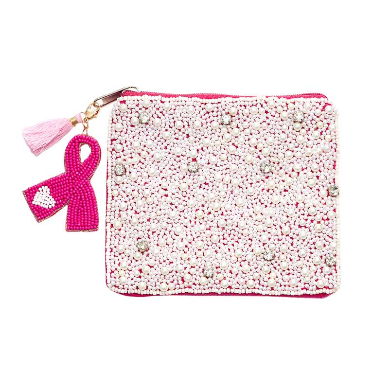 Show your support for breast cancer awareness in style with this Pink Ribbon Tassel Pointed Pearl Round Stone Mini Pouch Bag. This fashionable and functional accessory is adorned with a pink ribbon for a meaningful and stylish accent.