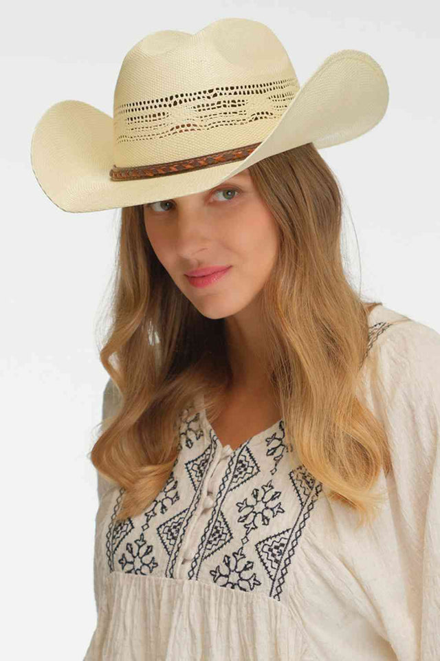 Cream Classic cowboy style meets lightweight comfort with this patterned paper toyo hat. Crafted from 100% paper, it features a genuine leather band accent and eye-catching design. The structured crown stands 4" tall with a 3.75" brim, offering excellent sun protection and authentic Western flair. One-size-fits-all design with a 22.6" circumference. Perfect for ranch days, festivals, or casual summer wear. Made in China.
