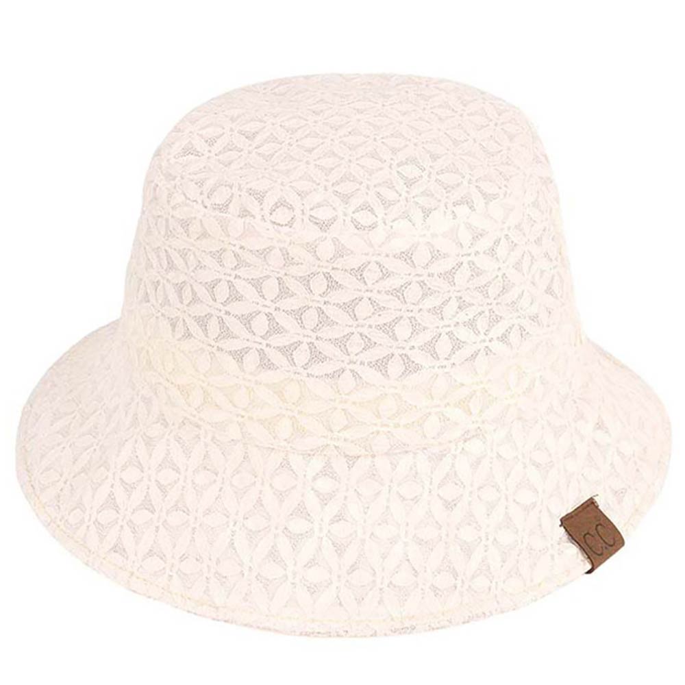 Creme C.C Lace Pattern Bucket Hat, keep your styles on even when you are relaxing at the pool or playing at the beach. Large, comfortable, and perfect for keeping the sun off of your face, neck, and shoulders. Perfect summer, beach accessory. Ideal for travelers who are on vacation or just spending some time in the great outdoors. 