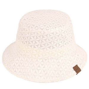Creme C.C Lace Pattern Bucket Hat, keep your styles on even when you are relaxing at the pool or playing at the beach. Large, comfortable, and perfect for keeping the sun off of your face, neck, and shoulders. Perfect summer, beach accessory. Ideal for travelers who are on vacation or just spending some time in the great outdoors. 