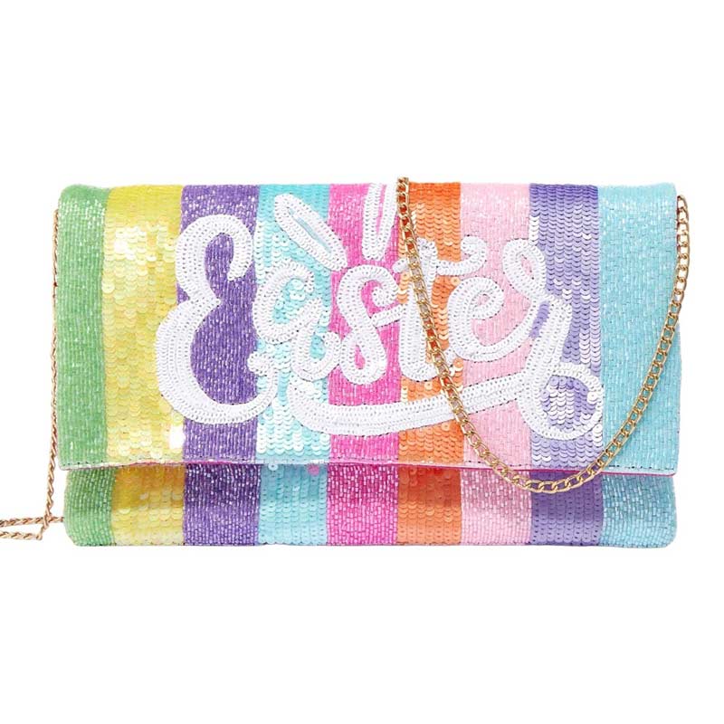 EASTER Message Sequin Beaded Clutch Crossbody Bag. This versatile EASTER Message Sequin Beaded, Bag is perfect for all your holiday festivities. The eye-catching sequin design and intricate beadwork make for a stylish statement piece. Add a touch of to your outfit and close at hand with this must-have accessory.