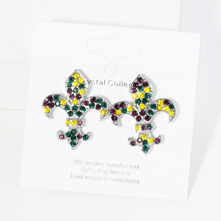 Crystal Stone Paved Mardi Gras Fleur de Lis Stud Earrings are a striking addition to any jewelry collection. The intricate Fleur de Lis design, combined with shimmering crystal stones, adds an elegant touch to any outfit. Crafted with high-quality materials, these earrings are both durable and eye-catching. 