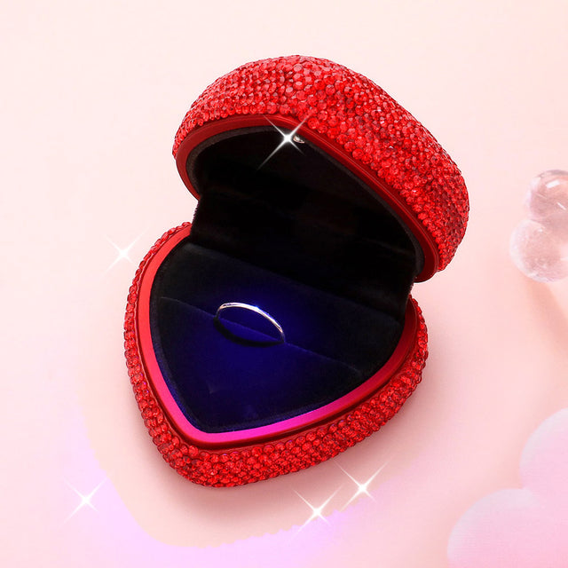 LED Light Bling Studded Heart Shaped Jewelry Ring Case - Red