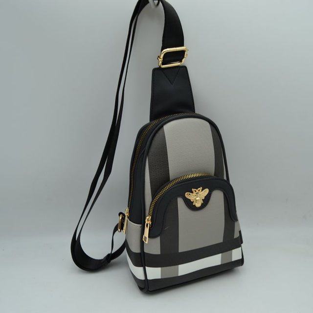 Panelled Sling Bag with Metallic Bee Accent - Black - Sling Bag