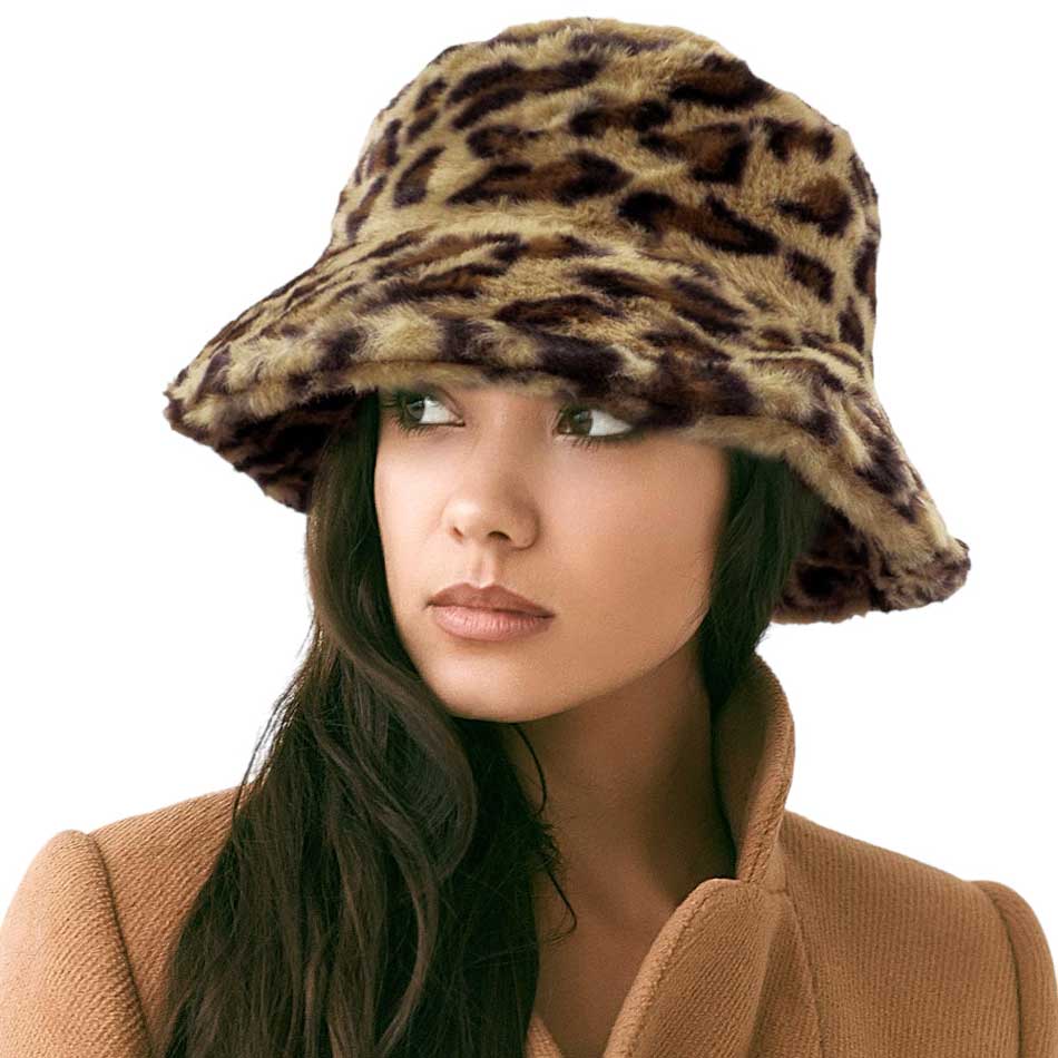 Dark Brown Reversible Leopard Patterned Soft Faux Fur Bucket Hat, stay warm and cozy and protect yourself from the cold. This most recognizable look with a remarkable bold, soft & chic bucket hat. It features a rounded design with a short brim. The hat is foldable and great for daytime. Perfect Gift for cold weather.