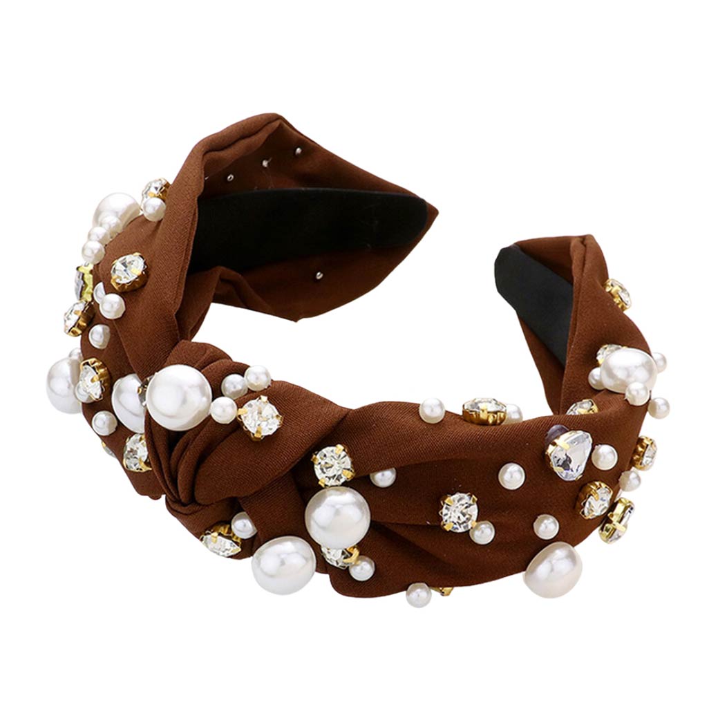 Dark Brown Pearl Round Stone Embellished Knot Burnout Headband, create a natural & beautiful look while perfectly matching your color with the easy-to-use stone burnout headband. Push your hair back and spice up any plain outfit with this pearl round heart knot headband! Be the ultimate trendsetter & be prepared to receive compliments wearing this chic headband with all your stylish outfits! 