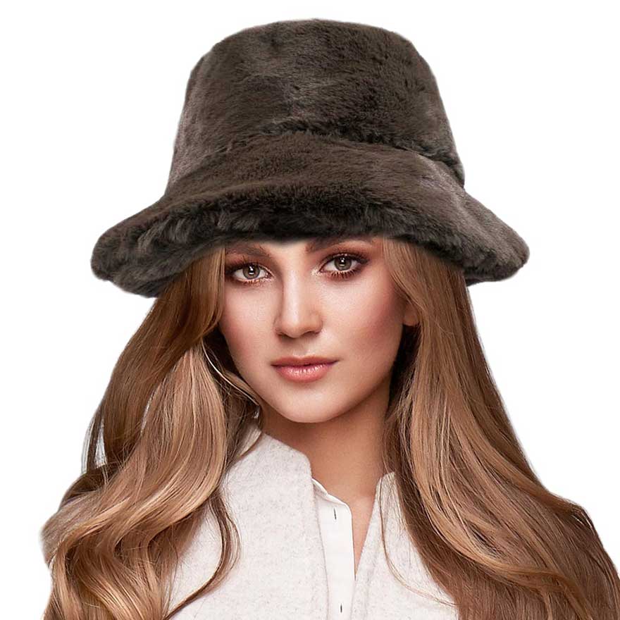 Dark Brown Soft Faux Fur Bucket Hat, stay warm and cozy, protect yourself from the cold, this most recognizable look with remarkable bold, soft & chic bucket hat, features a rounded design with a short brim. The hat is foldable, great for daytime. Perfect Gift for cold weather!