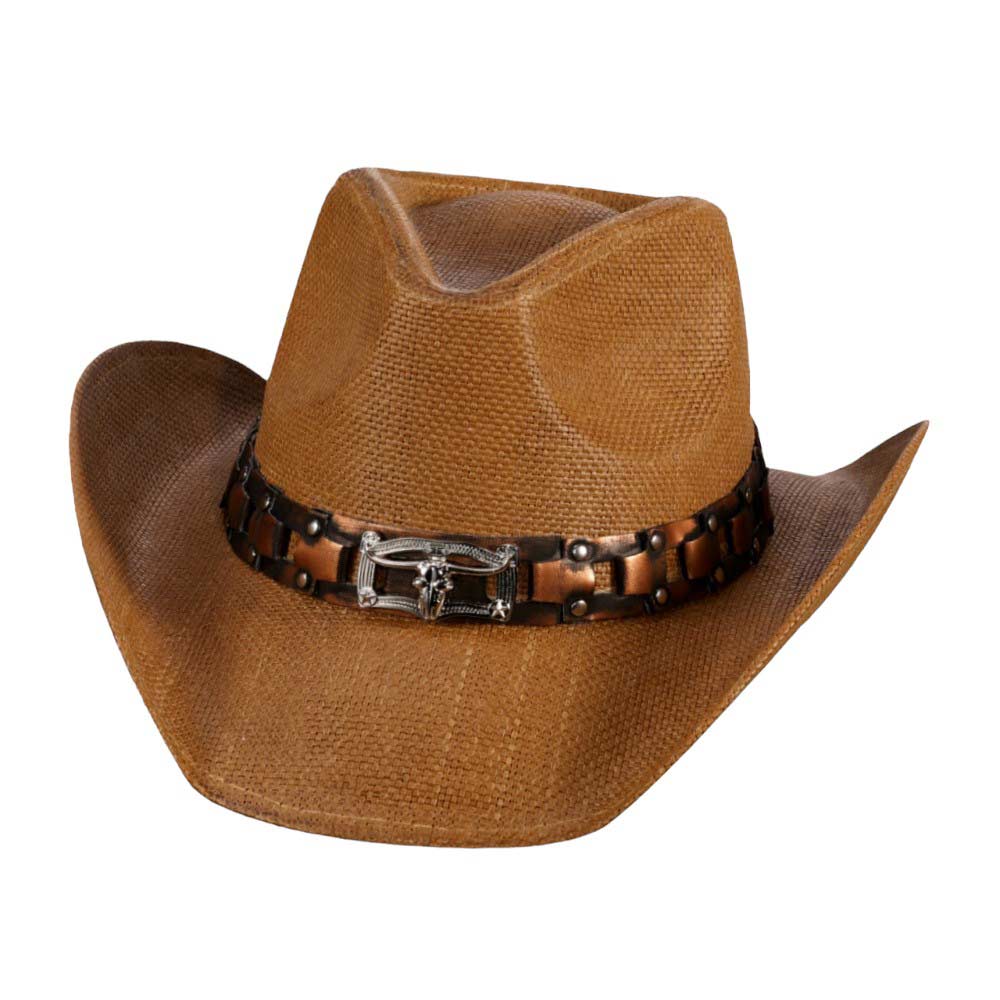 Dark Brown Steer Head Pointed Faux Leather Band Straw Cowboy Hat, Stay stylish and comfortable with our modern cowboy hat. Made with high-quality paper materials, this hat features a classic pointed design and a faux leather band with a steer head embellishment. Perfect for any outdoor or western-inspired event.