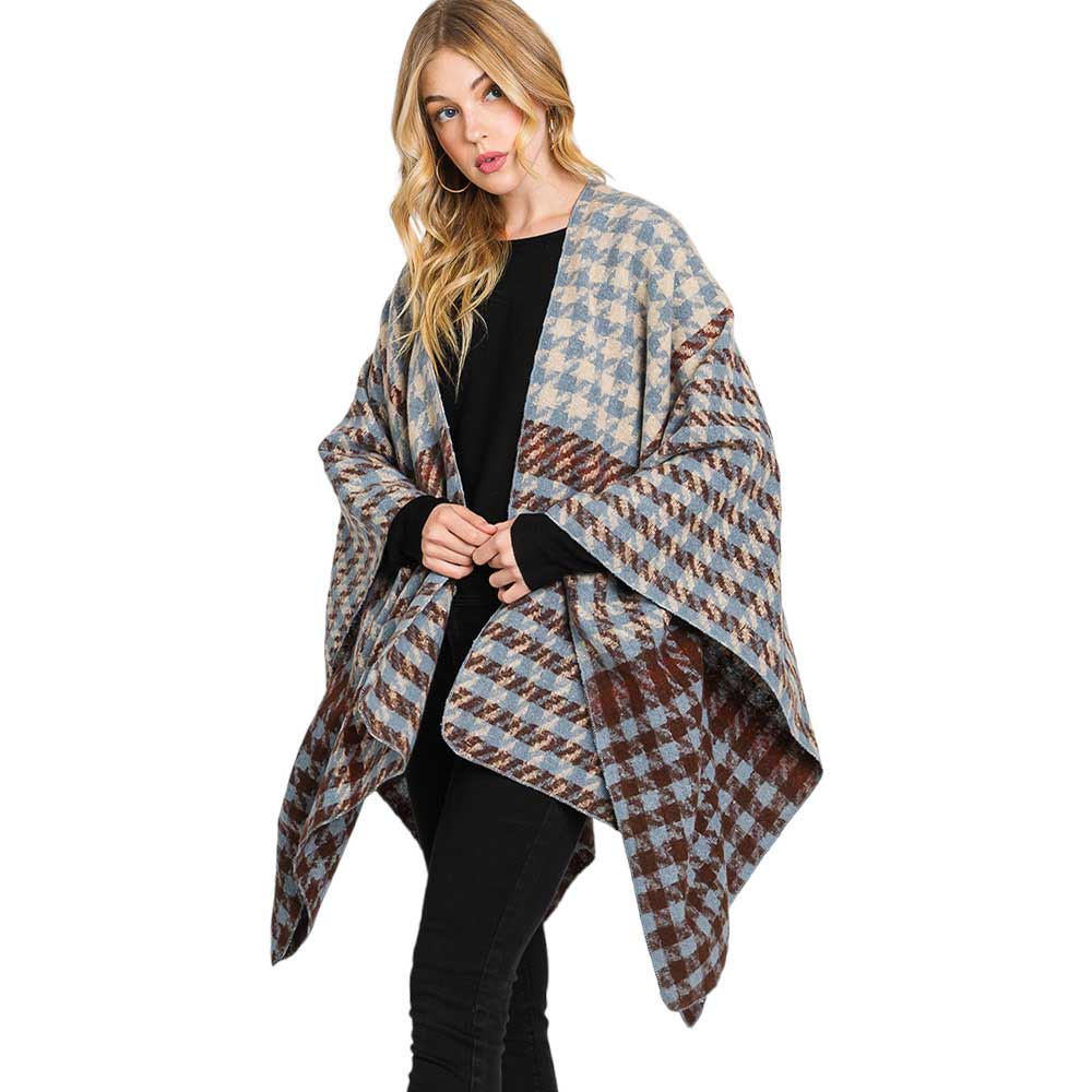 Dark Brown Trendy Houndstooth Patterned Ruana Poncho, with the latest trend in ladies' outfit cover-up! the high-quality knit ruana poncho is soft, comfortable, and warm but lightweight. It's perfect for your daily, casual, party, evening, vacation, and other special events outfits. A fantastic gift for your friends or family.