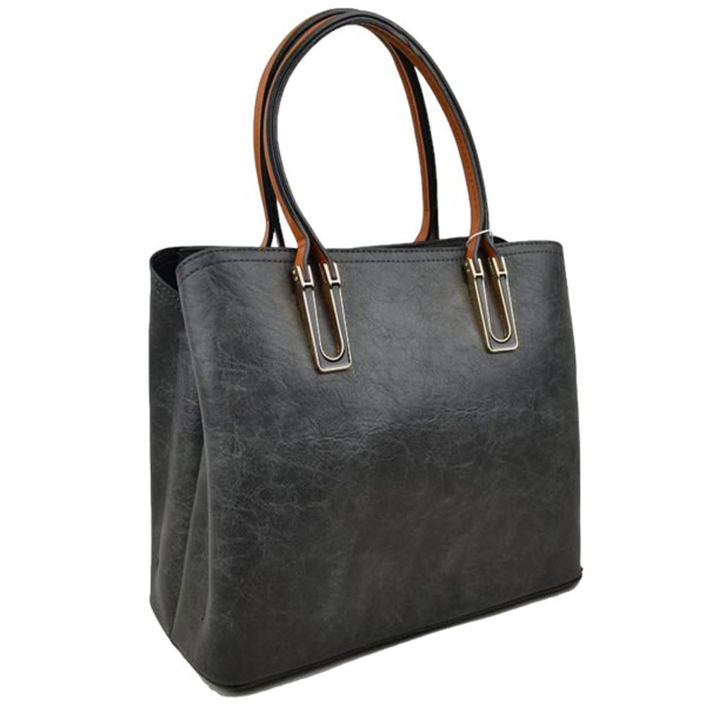 Dark Gray Solid Faux Leather Tote Bag Shoulder Bag, is perfect for the modern woman. Crafted with genuine faux leather, this stylish bag is durable, light, and spacious, and with adjustable straps, it is perfect for everyday use. Its sleek design will have you turning heads wherever you go.