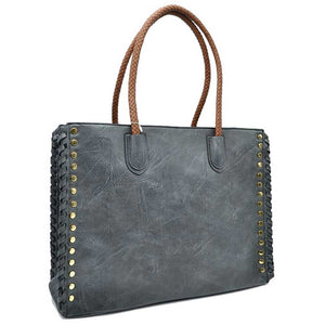 Dark Gray Studded Faux Leather Whipstitch Shoulder Bag Tote Bag, is crafted from high-quality faux leather, featuring a stylish whipstitch trim and studded accents. Its adjustable strap makes it perfect for everyday use, this spacious handbag features a roomy interior to hold all your essentials. This bag is sure to turn heads.