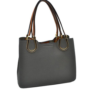 Dark Gray Textured Faux Leather Horseshoe Handle Women's Tote Bag, featuring an eye-catching textured faux leather exterior and a horseshoe-shaped handle. The bag has a spacious interior, perfect for days when you need to carry a lot of items. Its structure and design ensure that your items will stay secure even on the go.