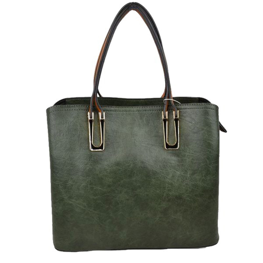 Dark Green Solid Faux Leather Tote Bag Shoulder Bag, is perfect for the modern woman. Crafted with genuine faux leather, this stylish bag is durable, light, and spacious, and with adjustable straps, it is perfect for everyday use. Its sleek design will have you turning heads wherever you go.
