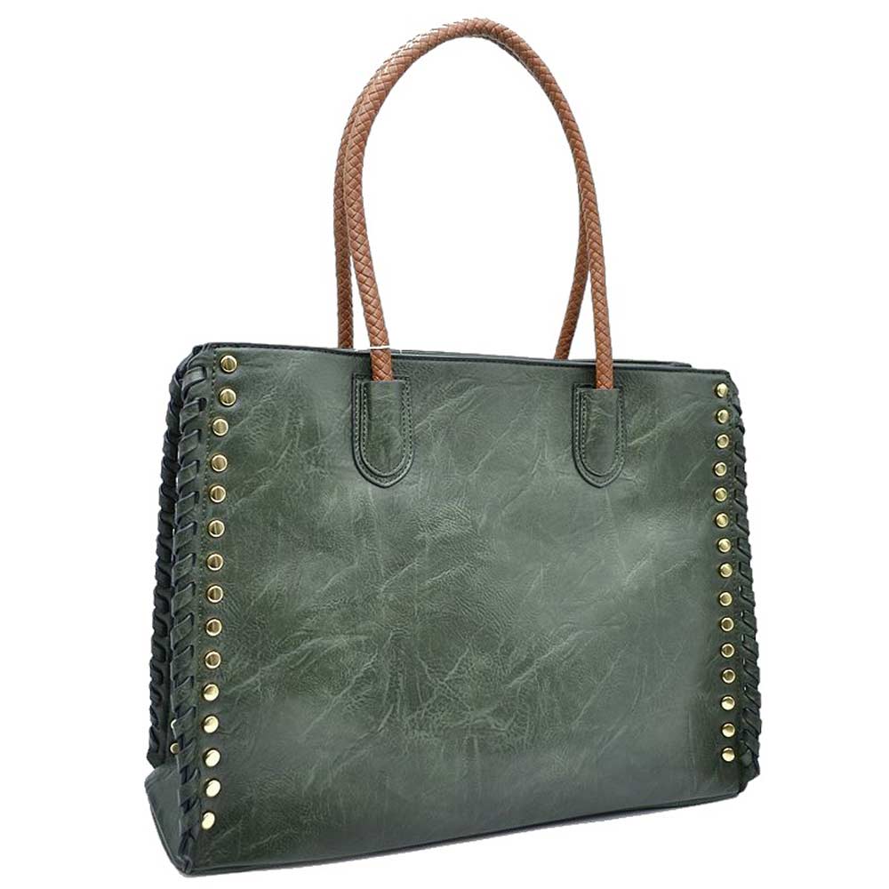 Dark Green Studded Faux Leather Whipstitch Shoulder Bag Tote Bag, is crafted from high-quality faux leather, featuring a stylish whipstitch trim and studded accents. Its adjustable strap makes it perfect for everyday use, this spacious handbag features a roomy interior to hold all your essentials. This bag is sure to turn heads.